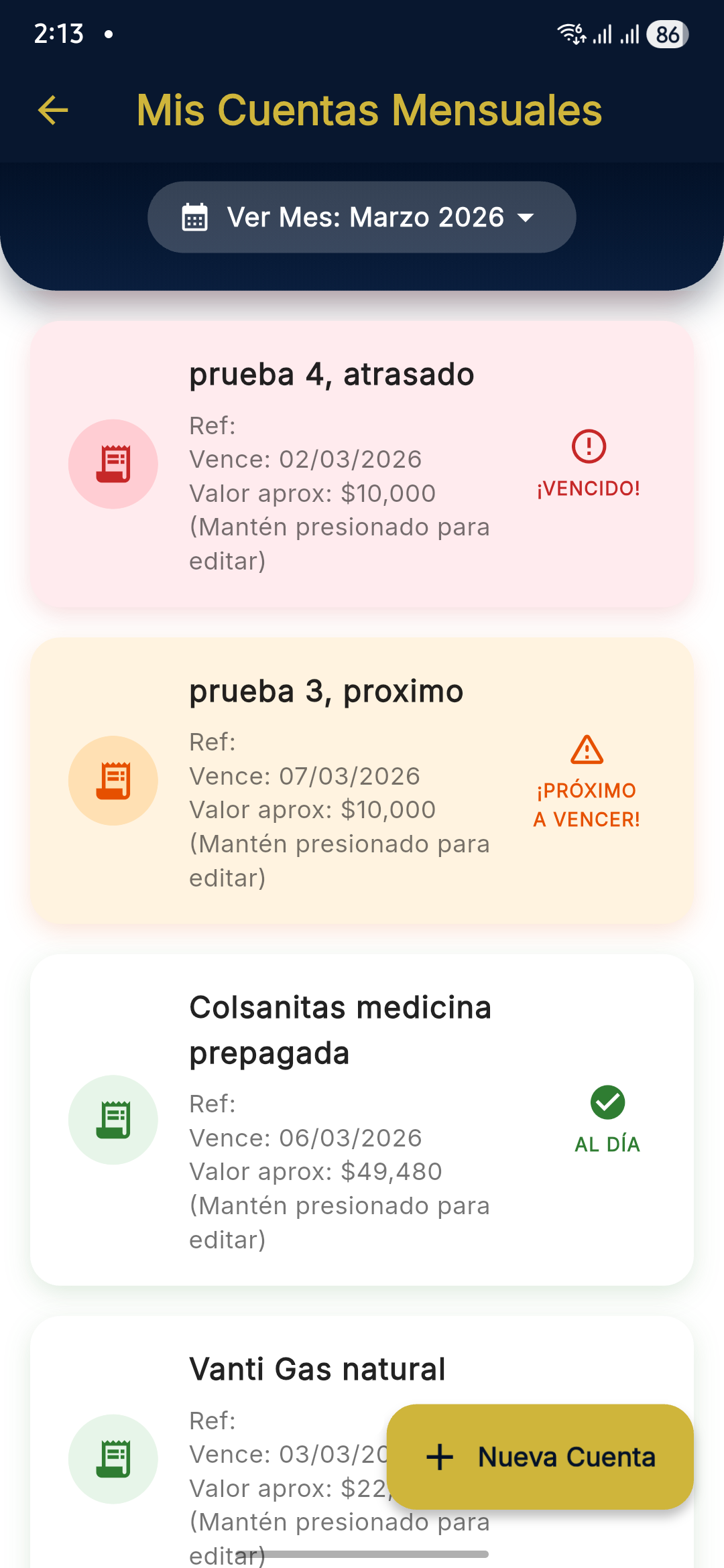 Cuentas Mensuales y Recordatorios